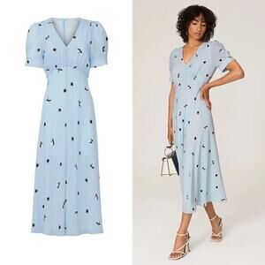 Jason Wu Berry Dress Gathered Short Sleeve V-Neck A-Line Midi Blue 10